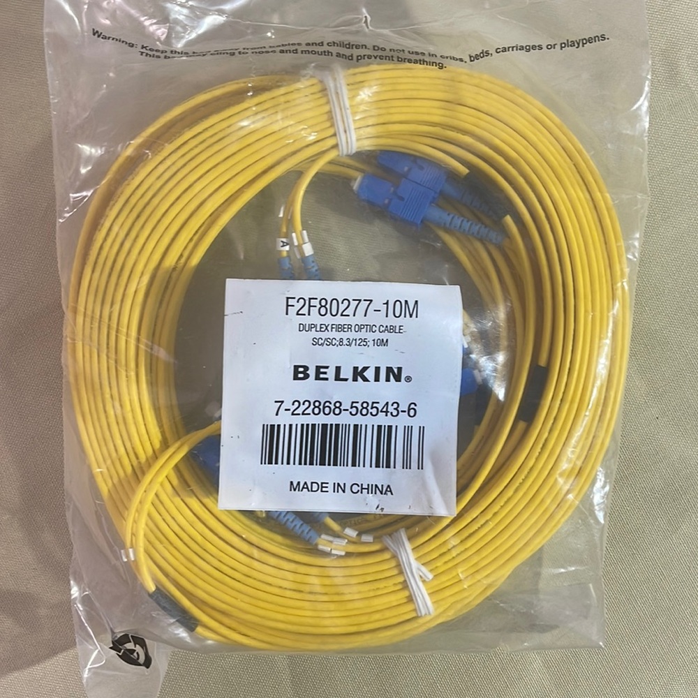 Belkin duplex fiber optic cable, 10 m 30 ft yellow, and blue